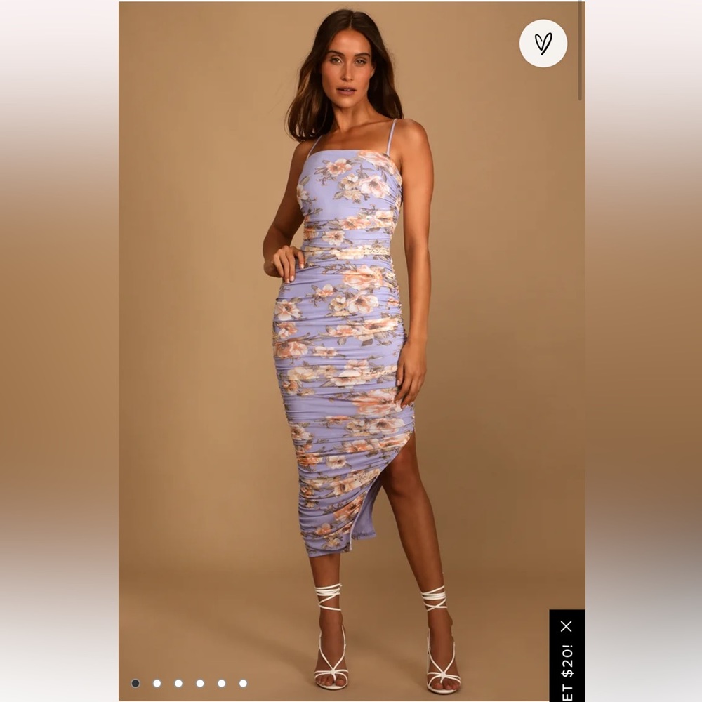 Lulu’s Stun and Only Lilac Floral Print Ruched Mesh Bodycon Midi Dress, Size S